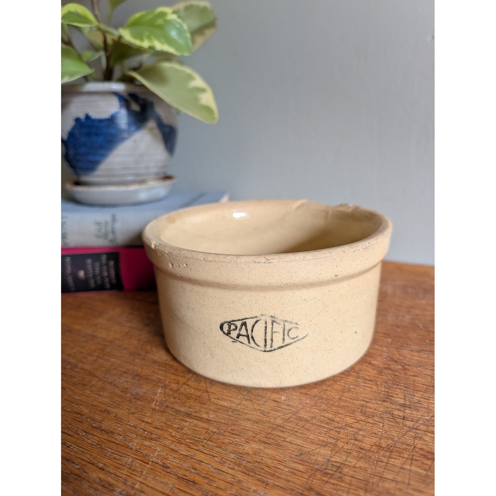 Antique Pacific Stoneware Crock Bowl Cream Glaze Farmhouse Primitive Pottery 6in
